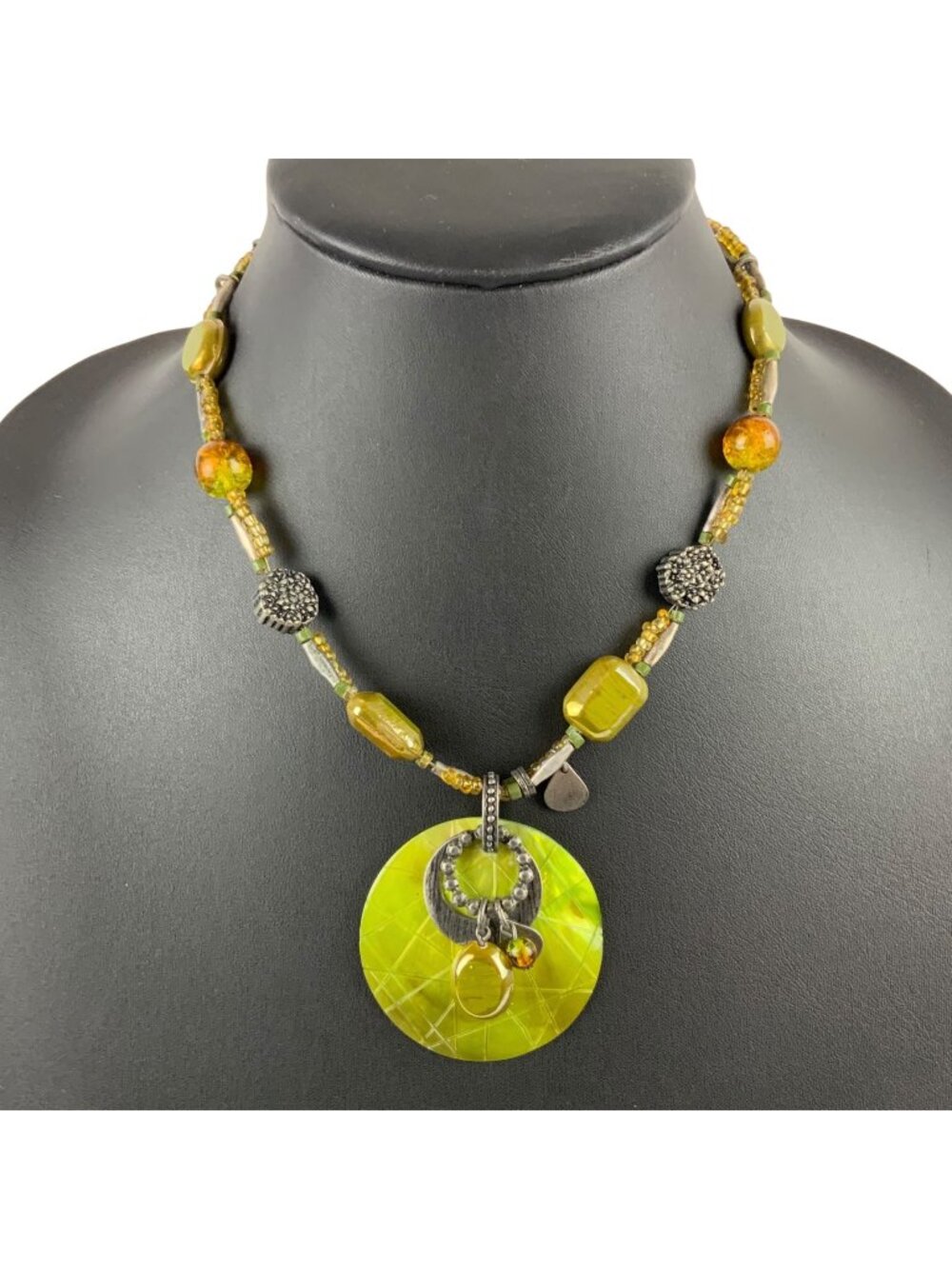 Chicos Green Beaded Necklace With Round Shell Pendant & Adjustable Chain